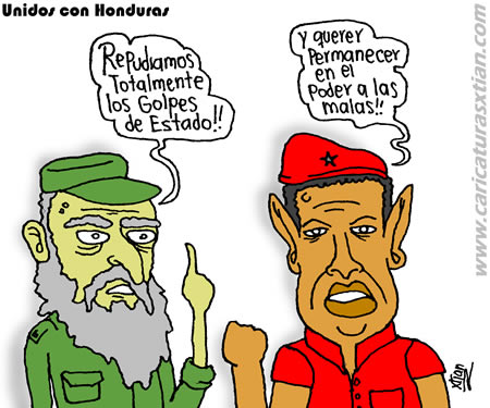 Fidel Castro: '¡¡Rechazamos totalmente los golpes de estado!! - Hugo Chávez: "¡¡y querer permanecer en el poder a las malas!!"