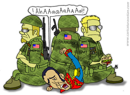 Tres soldados estadounidenses, cada uno de ellos con los nombres de las bases militares que Colombia 'prestará' a EUA, aparecen sentados sobre Simón Bolívar, quien grita del dolor