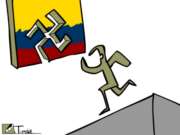 Una figura va corriendo mientras al fondo se ve una bandera colombiana con una suerte de cruz esvástica