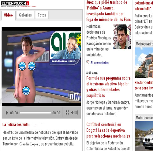 Parodia de la página inicial de eltiempo.com, con un video de Claudia López con sus partes íntimas 'censuradas' y en el 'wipe' Andrés Felipe Árias y el logo de Agro Ingreso Seguro