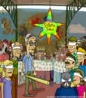 En medio de una fiesta aparece Uribe, sin venda a diferencia de los demás asistentes, listo para reventar una piñata que tiene la etiqueta 'Sistema [de] salud'