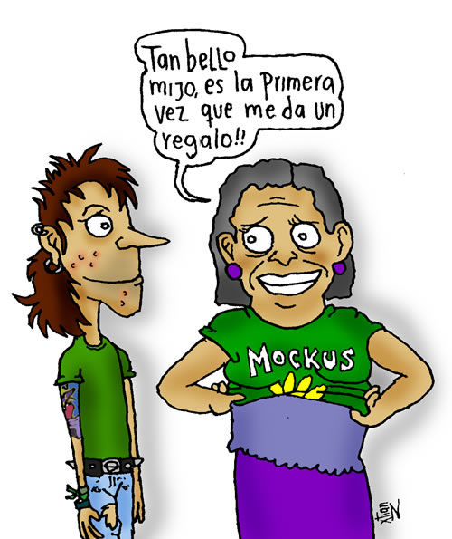 Una madre se va poniendo una camiseta verde con la leyenda 'Mockus', mientras le dice a su hijo: —Tan bello, mijo, ¡es la primera vez que me da un regalo!