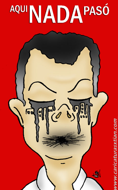 Aparece el rostro de Juan Manuel Santos con los ojos cerrados, derramando lágrimas negras