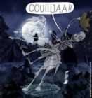 En la oscuridad de la noche, en un cementerio, un esqueleto de un hombre, con sombrero y montado en un caballo, grita '¡Oouiiijaa!!'