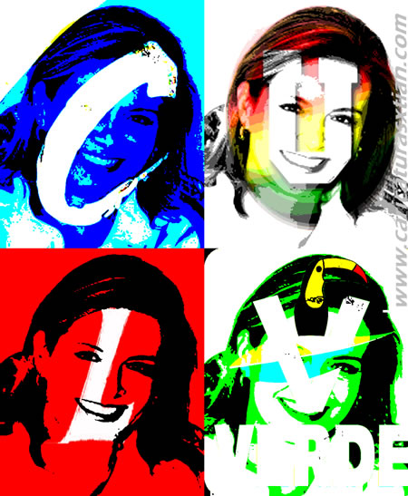 Noemí Sanín aparece cuatro veces como un módulo a la manera de los cuadros de Andy Warhol; 1. fondo azul, Partido Conservador, 2. fondo de varios colores, Partido de la U, 3. fondo rojo, Partido Liberal, 4. fondo verde, Partido Verde Opción Centro