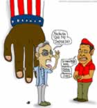 Uribe, agarrando el dedo de la mano gigante de Obama, le dice a Chávez: 'Ña, ña, ña, ¡qué me importa!'; el venezolano le responde: 'Le imporTABA autos, textiles, medicamentos, alimentos... ¿sigo?'