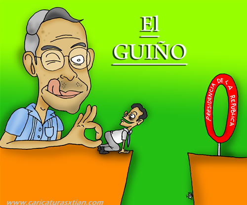 Uribe, desde una mesa, tiene a Juan Manuel Santos (encogido) listo para darle un empujón y enviarlo entre un aro que reza 'Presidencia de la República'