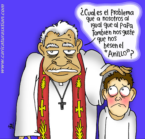 Un cura católico, mientras le pone la mano en la cabeza a un niño asustado: —¿Cuál es el problema que a nosotros, al igual que al Papa, también nos guste que nos besen el 'anillo'?