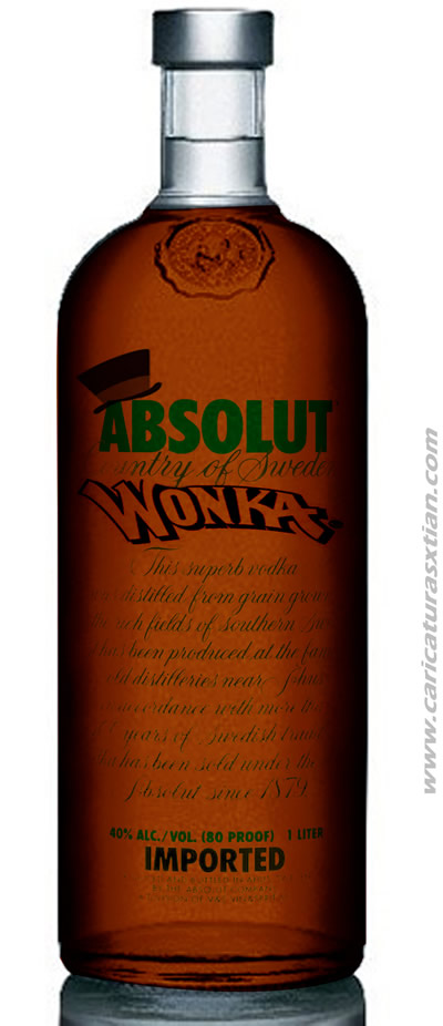 Parodia de una botella de Absolut, en la que la palabra 'vodka' es reemplazada por Wonka