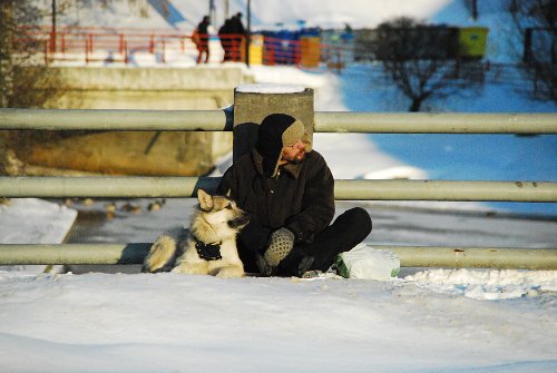 Un hombre con un perro siberiano