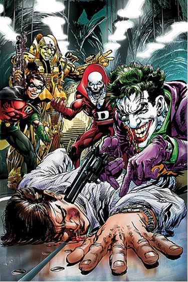 Escena de un cómic de Batman, en la que el Guasón (Joker), junto a otros villanos, subyuga con un arma a otro personaje